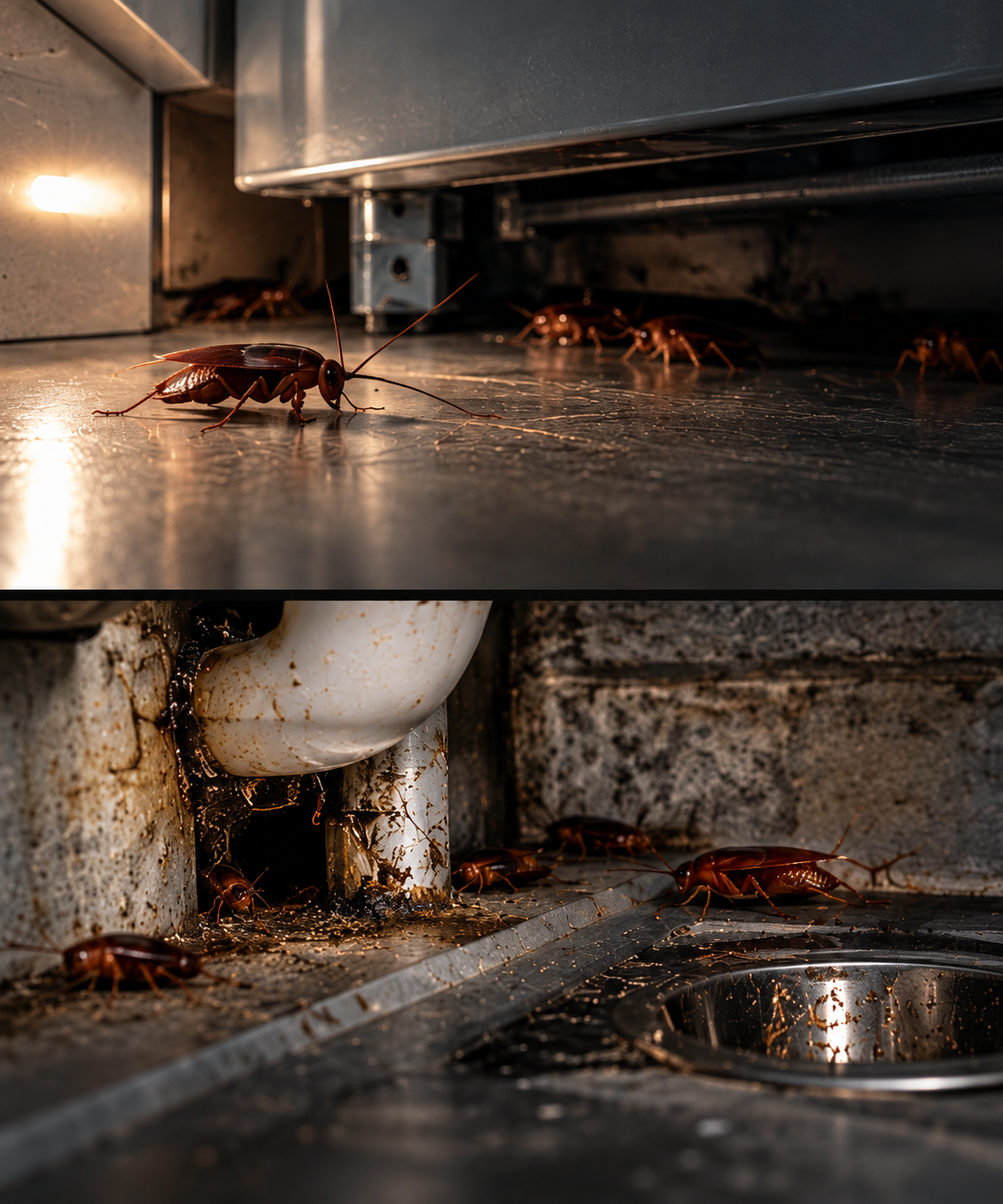 Cucarachas ocultas en rincones y tuberías de cocina